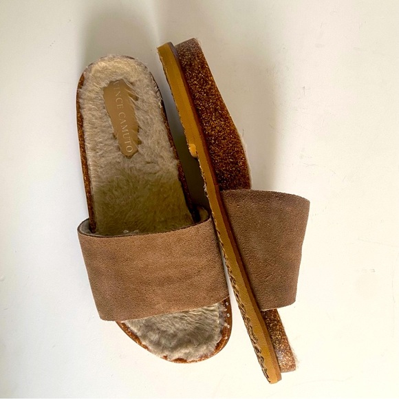 Vince Camuto Suede Kanadial Faux Fur Taupe Slides - Size 8 NWOB - Picture 9 of 9